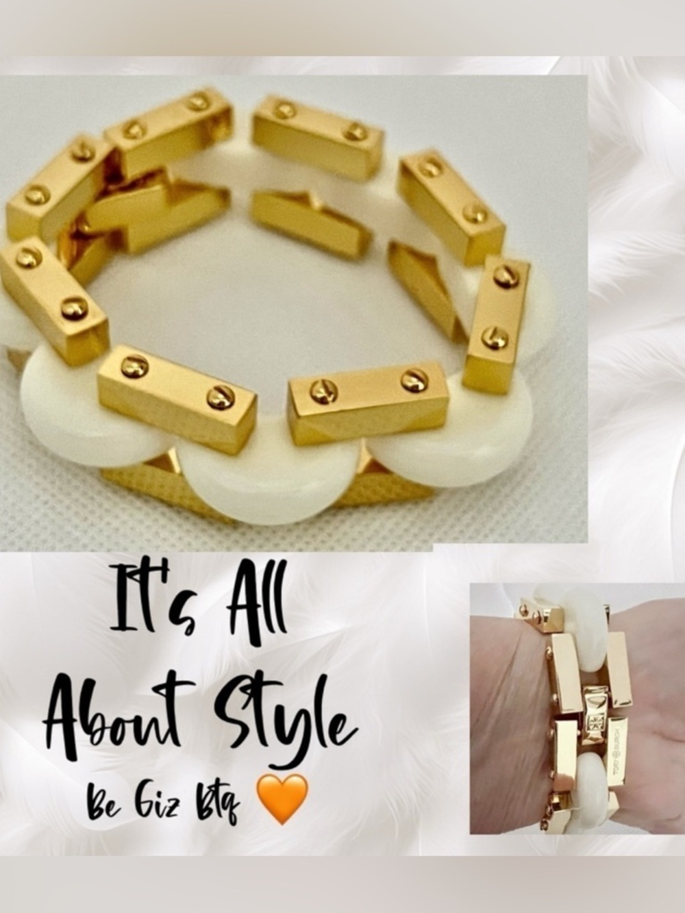 Tory Burch Chunky Bold Statement Polished Gold Chain Bracelet & Ivory Enamel